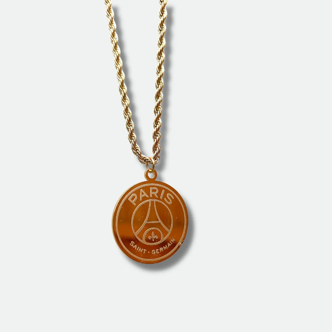 PSG pendant, Paris Saint Germain pendant, gold-plated pendant, engraved pendant, 18k gold pendant, silver pendant, football pendant, rope chain pendant, PSG gift, personalized pendant, football fan gift, PSG jewelry, PSG merchandise, PSG crest pendant, PSG logo pendant, PSG memorabilia, PSG collectibles.