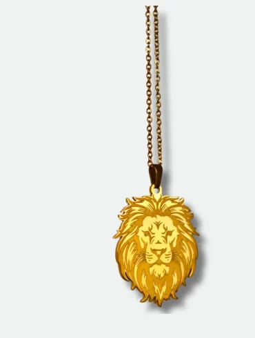 Front view of a gold-plated lion pendant necklace with detailed lion's head design. Back view of a gold-plated lion pendant necklace with custom engraving "Let the lion within guide your journey with courage and grace."
