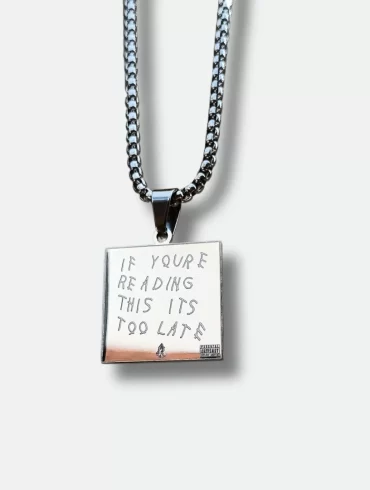 Front view of silver pendant featuring Drake's "If You're Reading This It's Too Late" album cover and back view with engraved tracklist