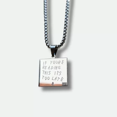 Front view of silver pendant featuring Drake's "If You're Reading This It's Too Late" album cover and back view with engraved tracklist