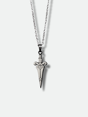 Silver pendant with a detailed dagger design and custom name engraving