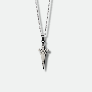 Silver pendant with a detailed dagger design and custom name engraving