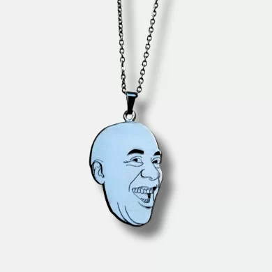 Ainsley Harriott Meme Pendant featuring "Why Hello Jill" engraving, available in gold and platinum finishes with an adjustable 40-60cm chain.
